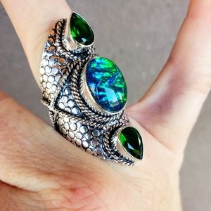 New Huge Triplet Opal & Peridot Silver Statement Ring.
